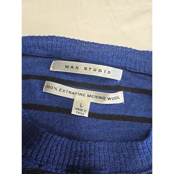 Max Studio 100% Extra-fine Merino Wool Pullover Sweater Blue Black Stripe Size L - Picture 3 of 7